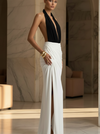 Plunge Halter Ruched Maxi Dress by Exclusives, black halter top with white ruched high-slit skirt