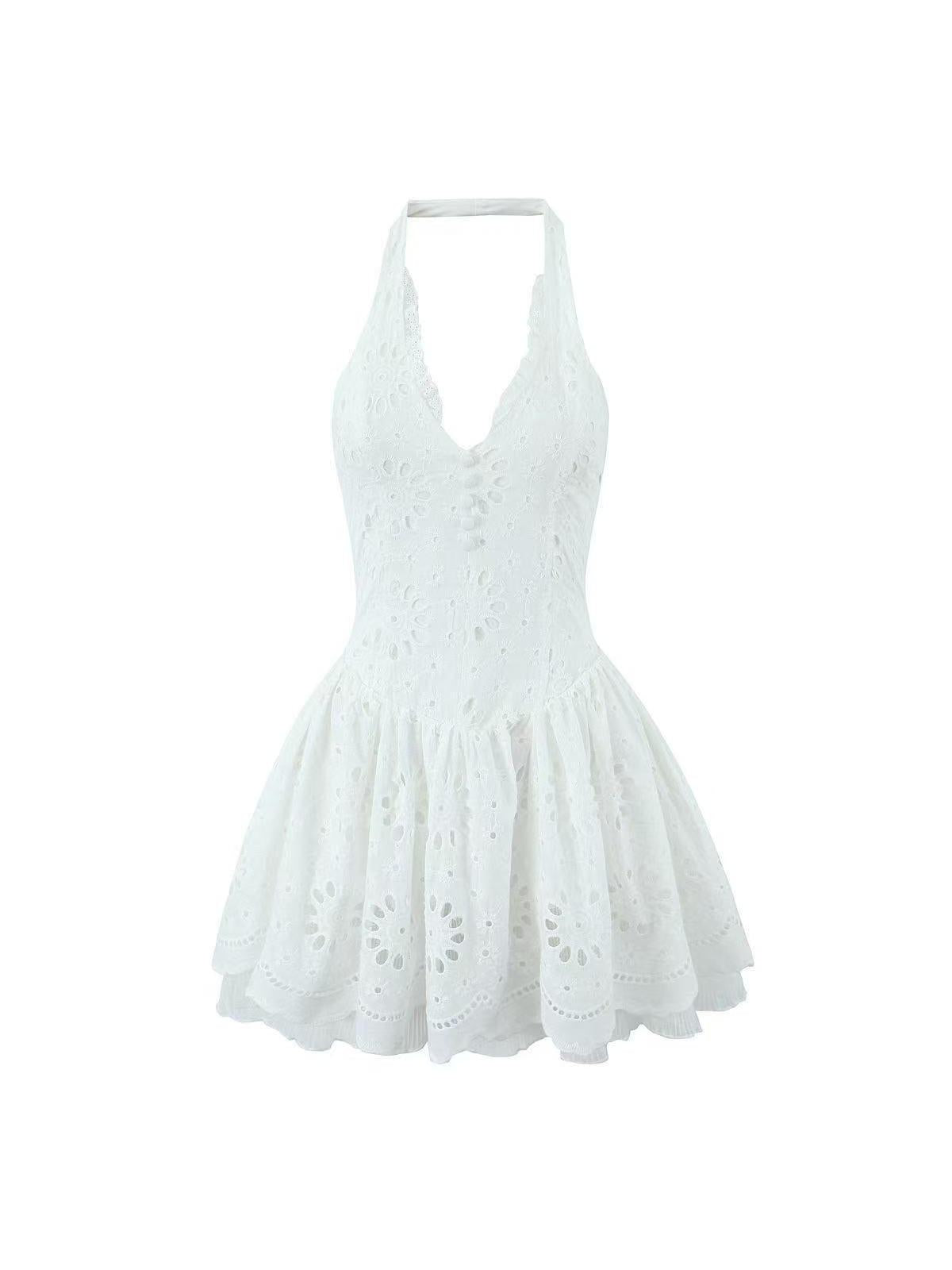 White Halterneck Eyelet Chikan Short Flare Dress