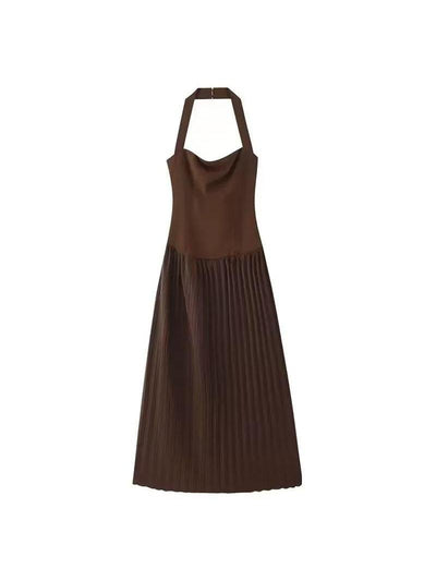 Chocolate Brown Halter Neck Pleated Maxi Dress