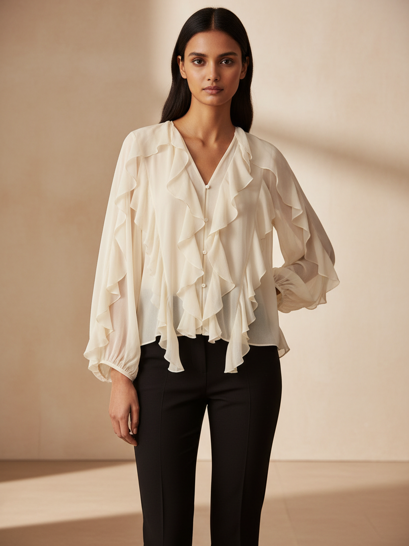 Ruffles V Neck Full Sleeve Top, off-white blouse on sale