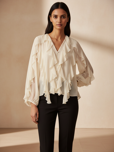 Ruffles V Neck Full Sleeve Top, off-white blouse on sale
