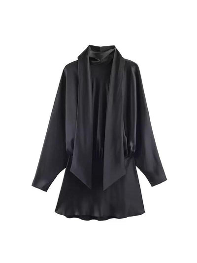 Sasha Scarf Mini Dress, black satin with draped scarf front, EXCLUSIVES dress on sale