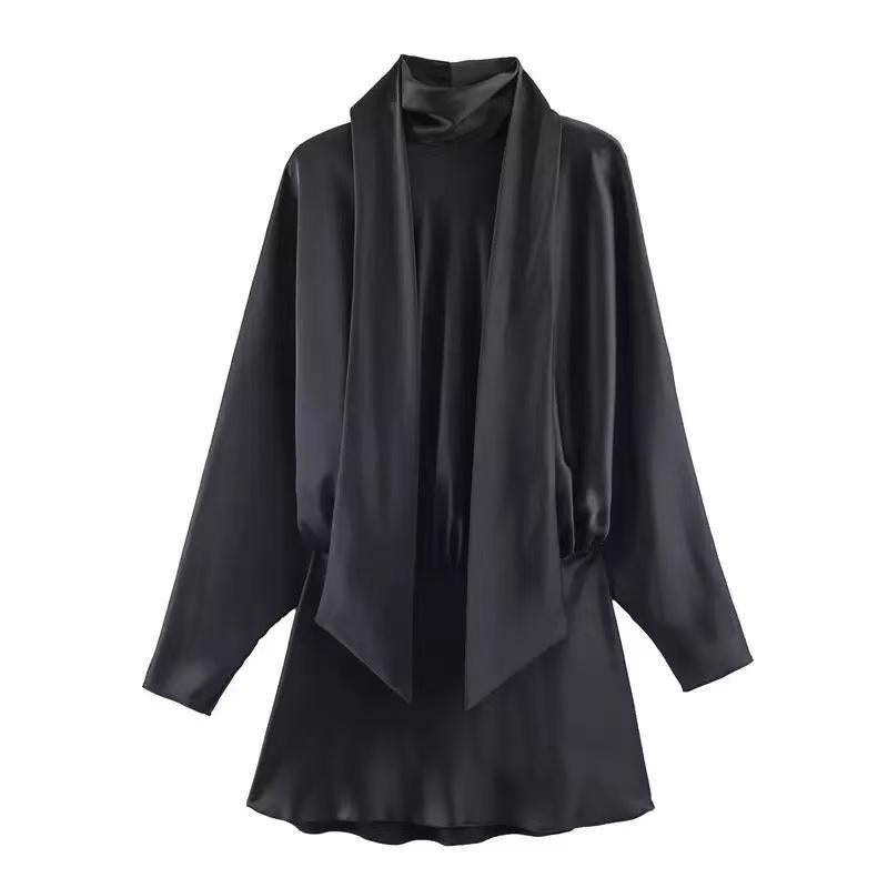 Sasha Scarf Mini Dress, black satin with draped scarf front, EXCLUSIVES dress on sale