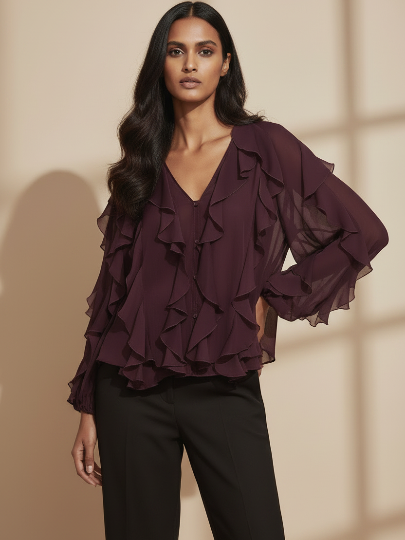 Ruffles V-Neck Full-Sleeve Top by Exclusives, plum purple chiffon blouse