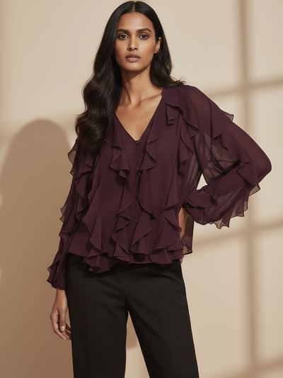 Ruffles V-Neck Full-Sleeve Top by Exclusives, plum purple chiffon blouse