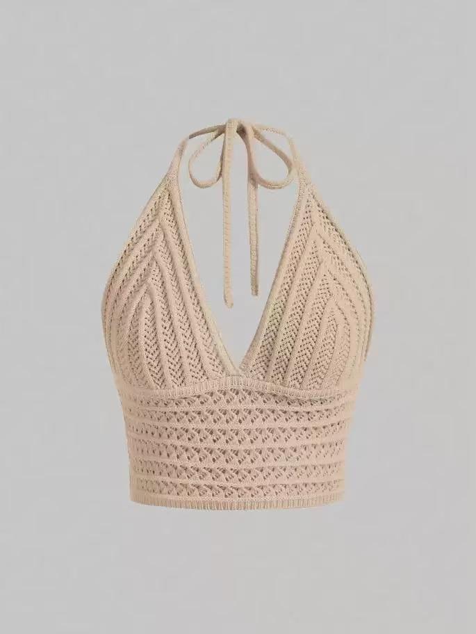 Tidal Crochet Halter Bralette Top by Exclusives, beige crochet bralette on sale