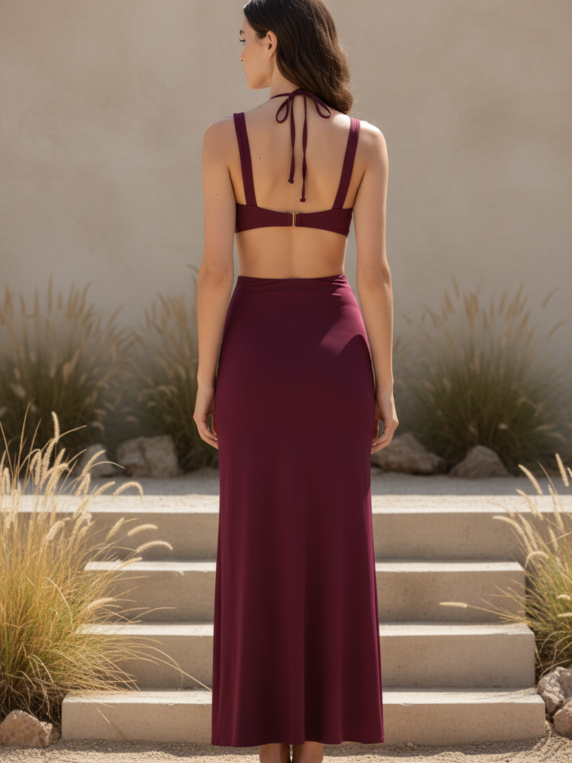 Beaded Cut-Out Swimsuit & Maxi Skirt Set