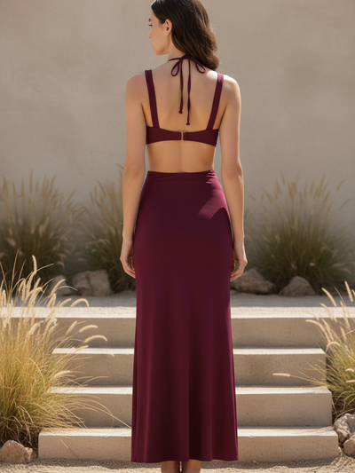 Beaded Cut-Out Swimsuit & Maxi Skirt Set