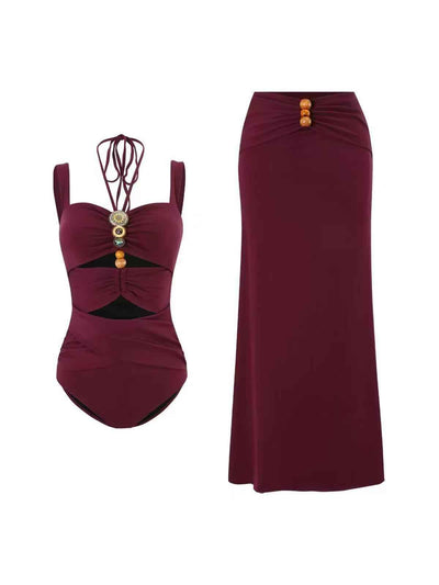 Beaded Cut-Out Swimsuit & Maxi Skirt Set