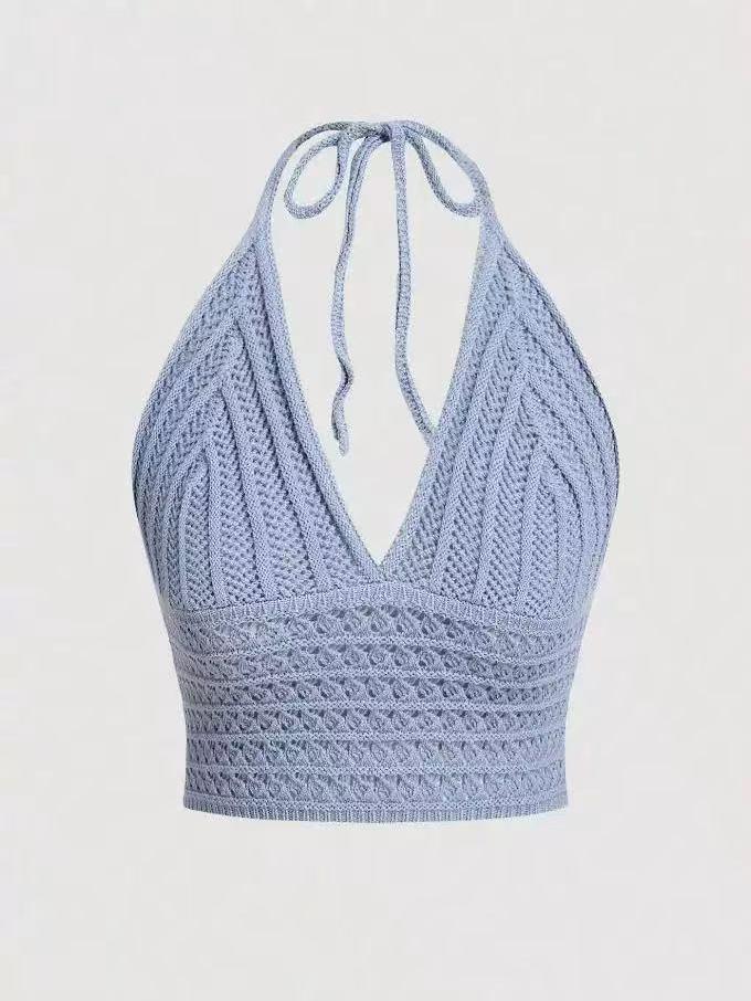 Exclusives Tidal Crochet Halter Bralette Top in lavender crochet with tie-neck straps.