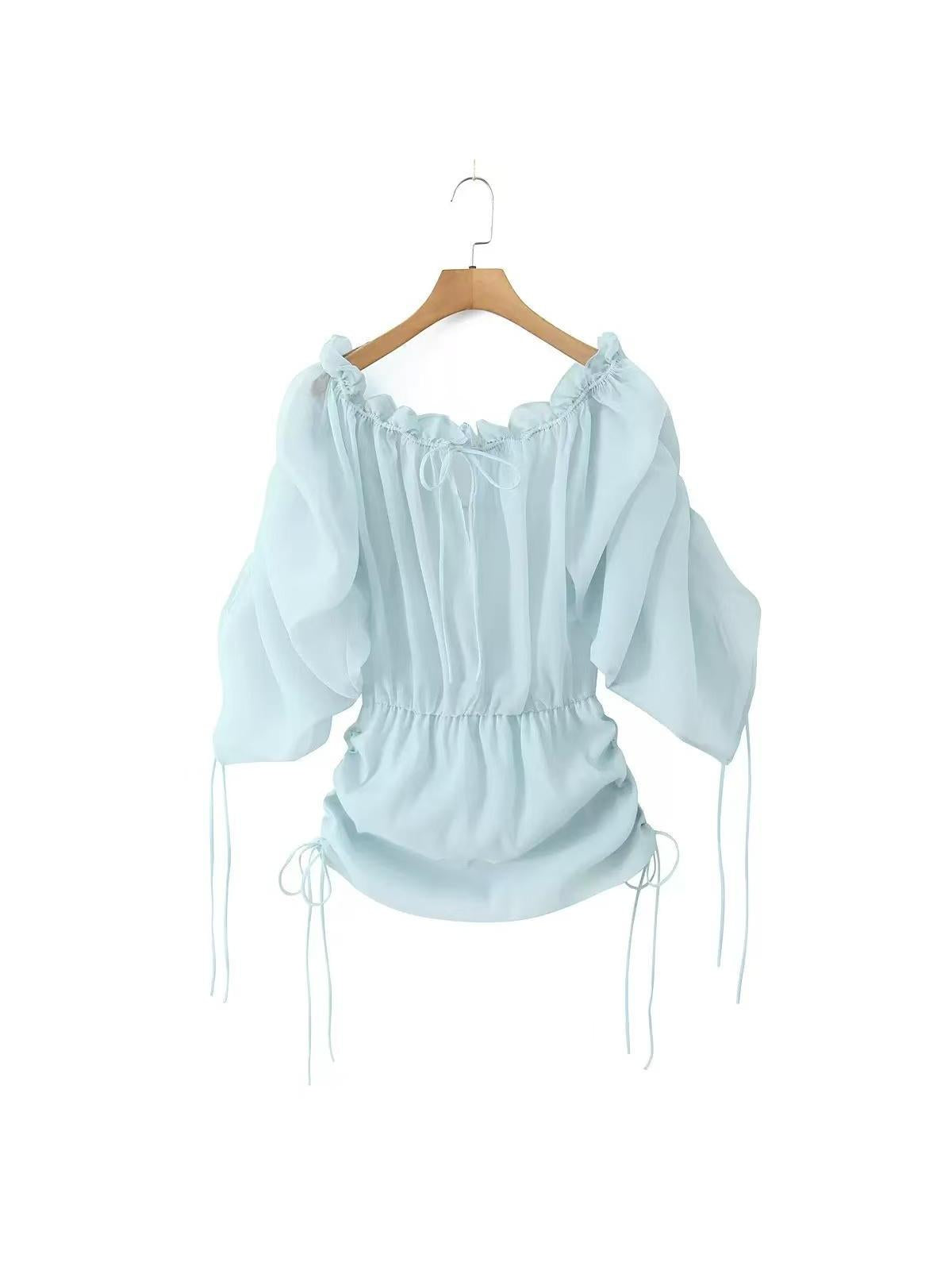 Off Shoulder Tied See Through Lantern Sleeve Top
