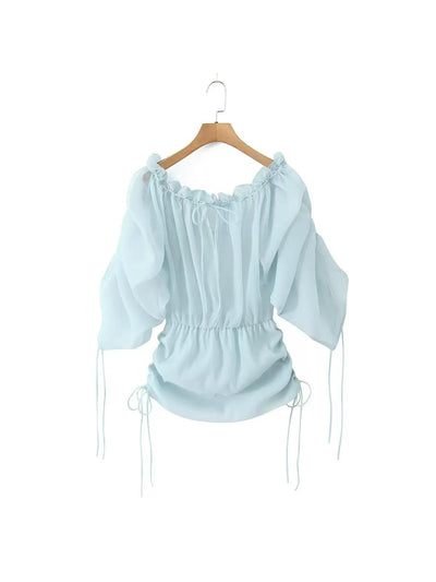 Off Shoulder Tied See Through Lantern Sleeve Top
