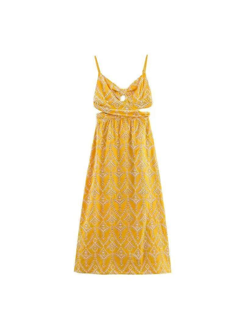 Yellow Printed Cut‑Out Midi Dress