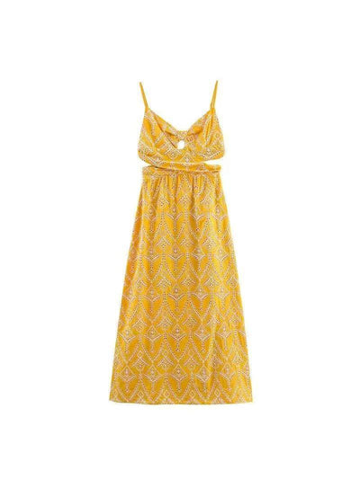 Yellow Printed Cut‑Out Midi Dress