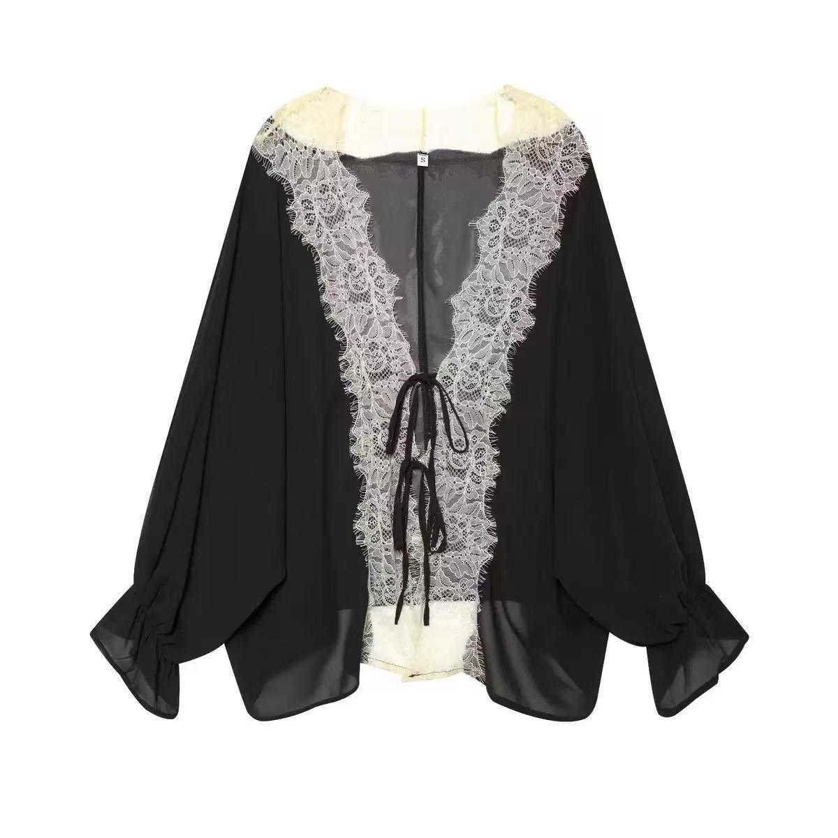 Amélie Lace Trim Tie-Front Blouse, EXCLUSIVES black chiffon top with ivory lace trim and front ties.
