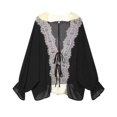 Amélie Lace Trim Tie-Front Blouse, EXCLUSIVES black chiffon top with ivory lace trim and front ties.