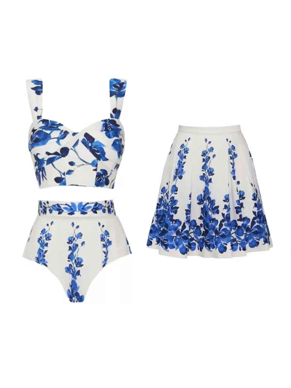 Indigo Blossom Bustier Bikini & Skirt Set
