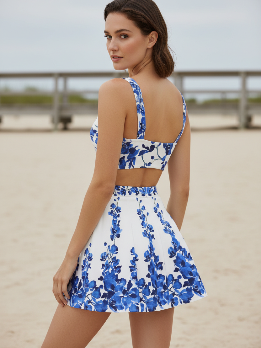 Indigo Blossom Bustier Bikini & Skirt Set
