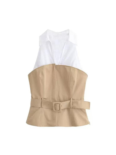 Two‑Tone Corset Shirt Top With Belt