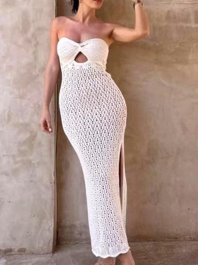 Crochet Cutout Slit Tube Dress