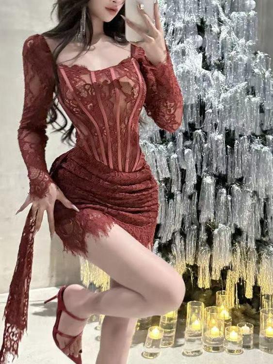 Lace Corset Full Sleeves Ruched Ribbon Short Dress
