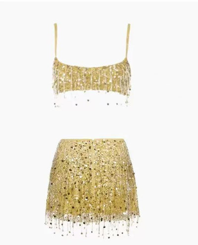 Starlight Fringe Sequin Co-Ord Set, two-piece gold-tone fringe top and sequin skirt by Exclusives.
