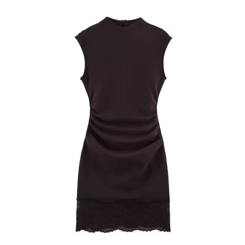 Minimal Muse Lace Mini Dress by Exclusives, black satin sleeveless with ruched waist and lace hem