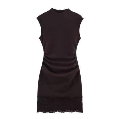 Minimal Muse Lace Mini Dress by Exclusives, black satin sleeveless with ruched waist and lace hem