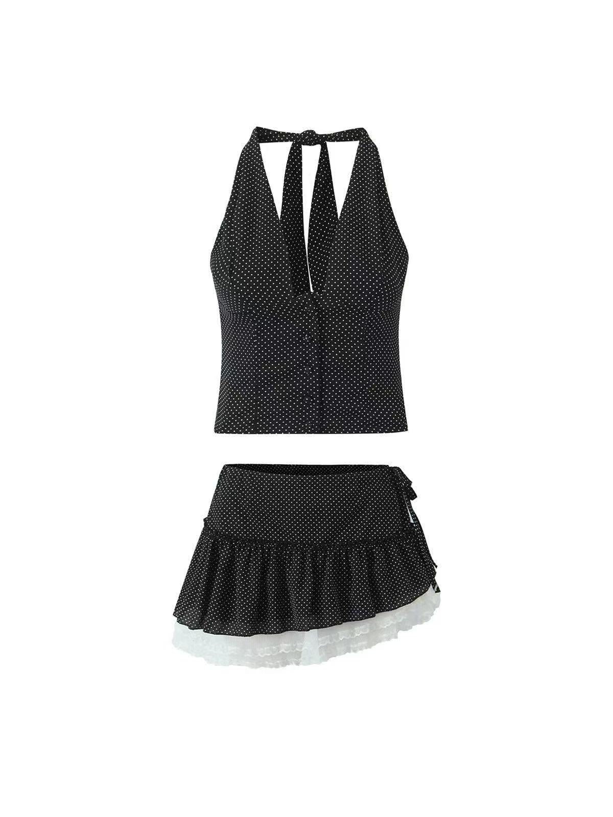 Polka Dot Halterneck Vest & Asymmetric Skirt Coord Set