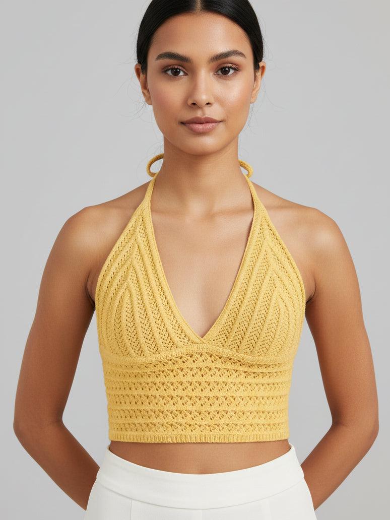 Tidal Crochet Halter Bralette Top in yellow crochet by Exclusives, bras