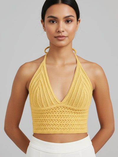 Tidal Crochet Halter Bralette Top in yellow crochet by Exclusives, bras