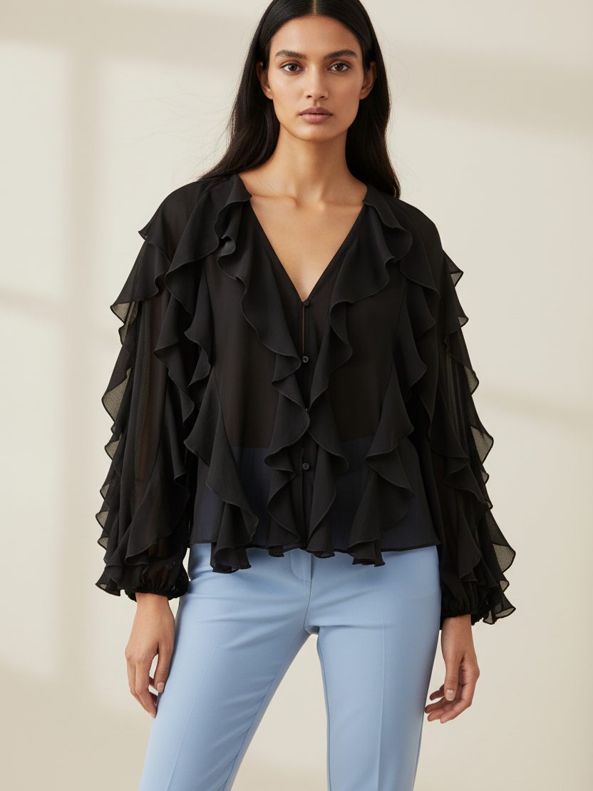 Ruffles V-Neck Full-Sleeve Top, black sheer blouse by Exclusives