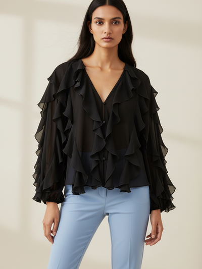 Ruffles V-Neck Full-Sleeve Top, black sheer blouse by Exclusives