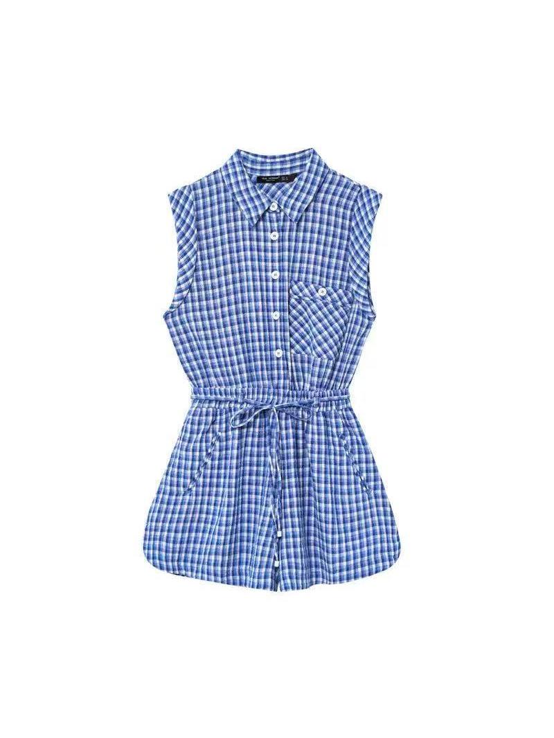 Blue Checked Sleeveless Shirt Dress With Drawstring Waist