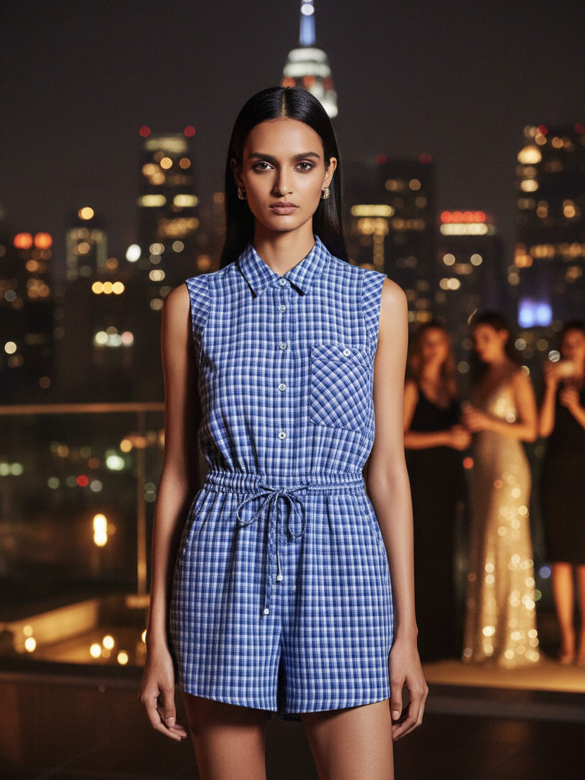 Blue checked sleeveless romper by Exclusives, dresses on sale, modeled against a nighttime city skyline.