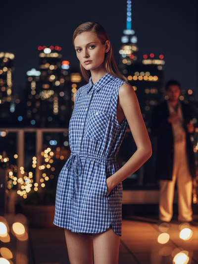 Blue checked sleeveless romper with drawstring waist, on sale.