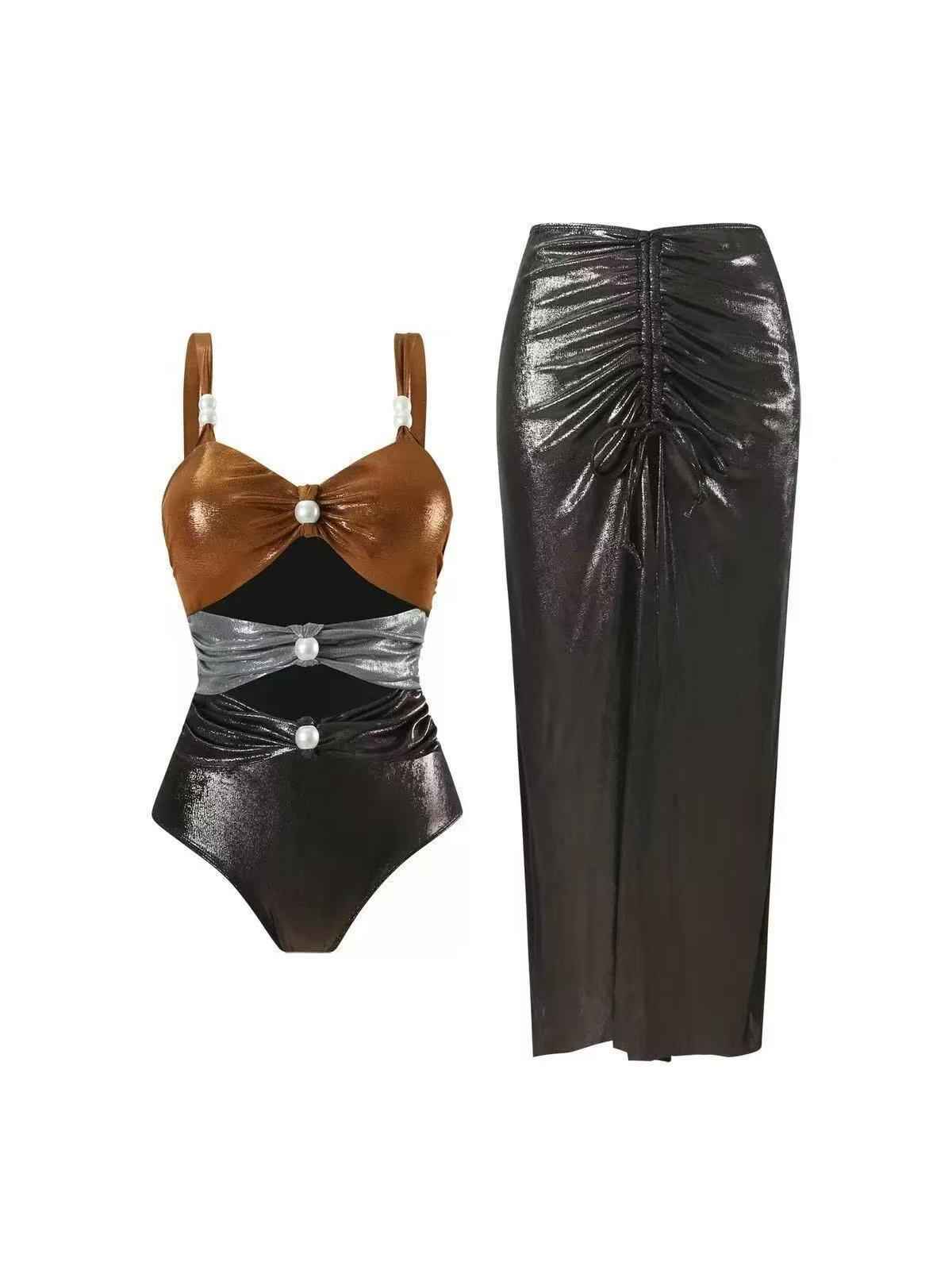 Metallic Tricolour Cut-Out Swimsuit & Ruched Skirt Set