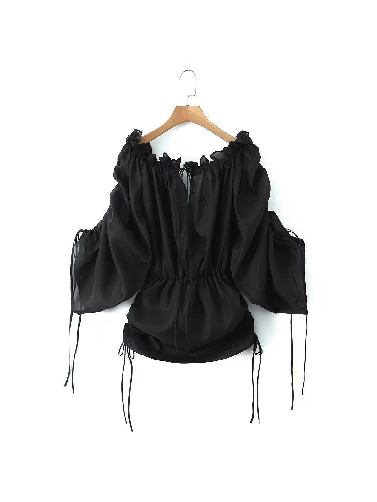 Off Shoulder Tied See Through Lantern Sleeve Top