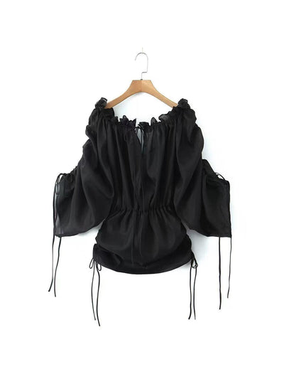 Off Shoulder Tied See Through Lantern Sleeve Top