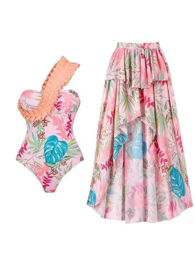 Tropical Ruffle One-Shoulder Swimsuit & High-Low Skirt Set