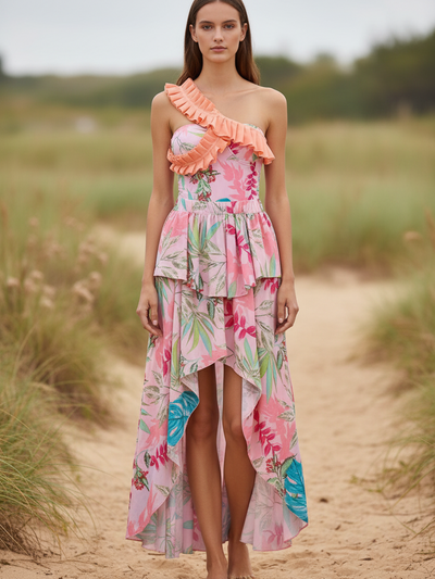 Tropical Ruffle One-Shoulder Swimsuit & High-Low Skirt Set