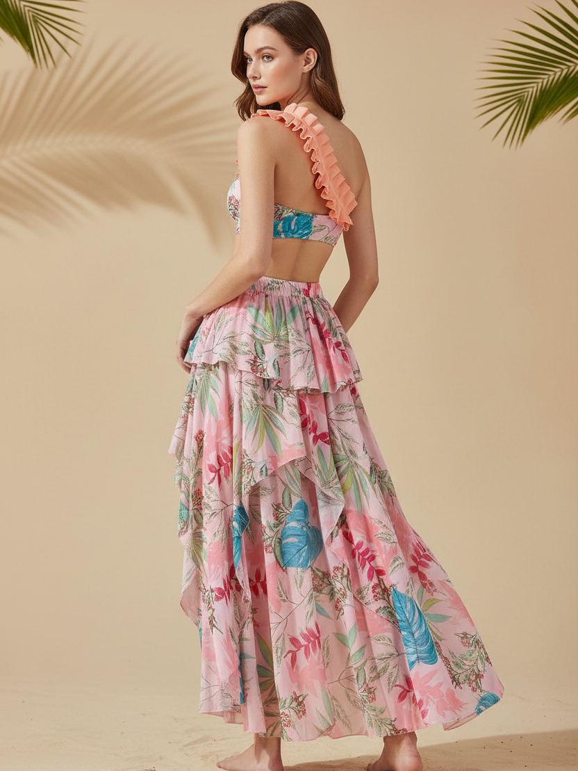 Tropical Ruffle One-Shoulder Swimsuit & High-Low Skirt Set