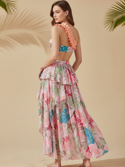 Tropical Ruffle One-Shoulder Swimsuit & High-Low Skirt Set