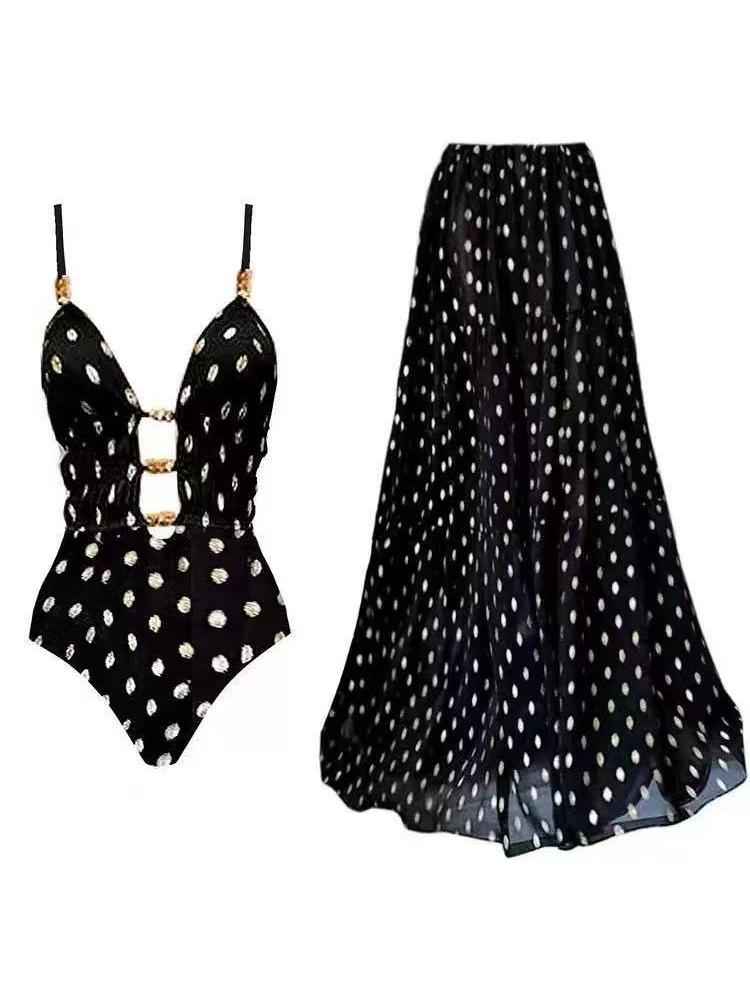 White Dot Cut-Out Swimsuit & Sheer Maxi Skirt Set