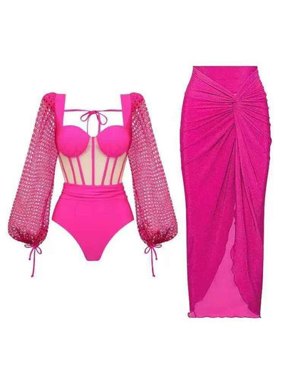 Sheer Sleeve Corset Swimsuit & Ruched Maxi Skirt Set