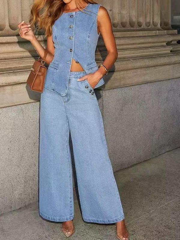 Aline Denim Top & Wide leg Pants Coord Set