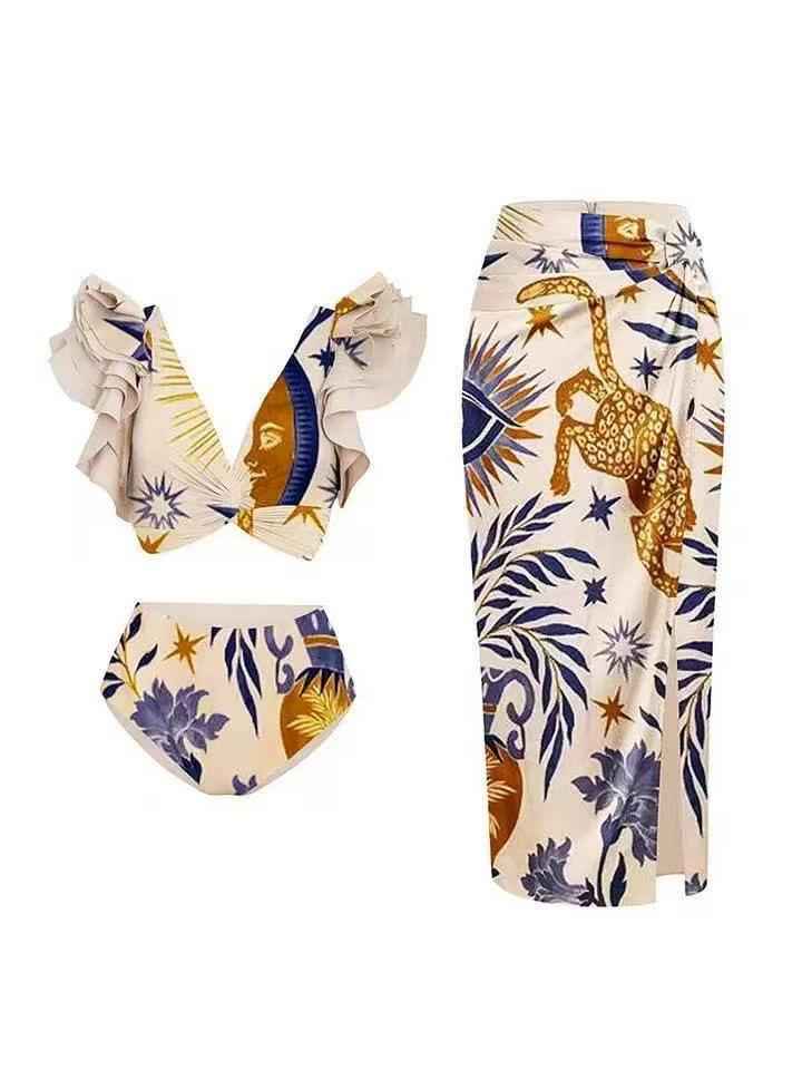 Celestial Jaguar Ruffle Bikini & Wrap Skirt Set