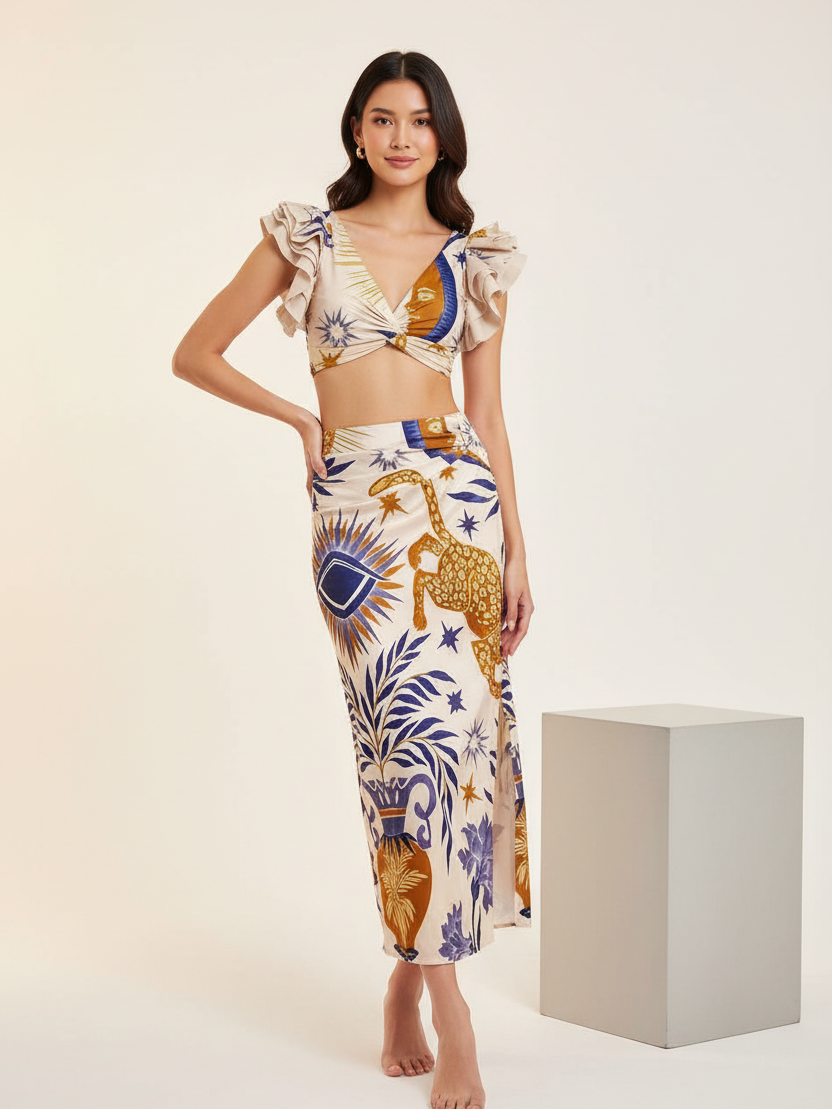 Celestial Jaguar Ruffle Bikini & Wrap Skirt Set