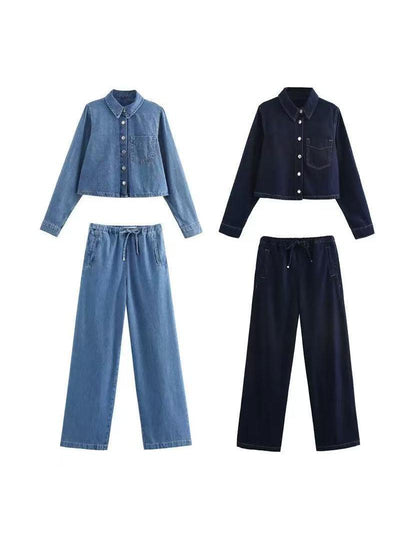Denim Jacket Top & Pants Coord Set with Elastic Belt