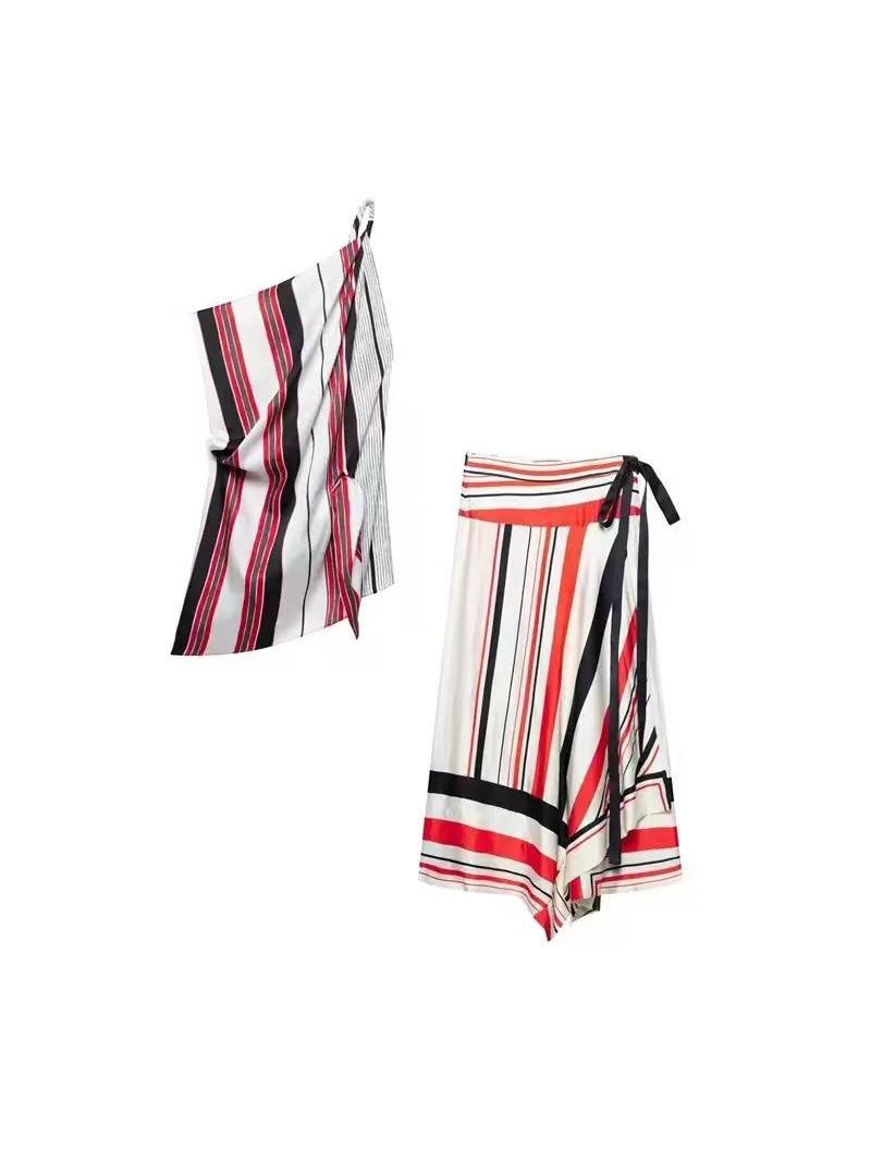Striped Oblique One Shoulder Top & Wrap Skirt Coord Set